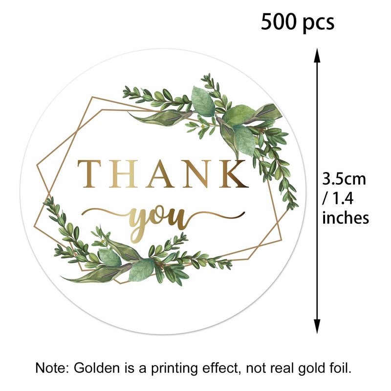 Mr.Mug 500 Chic Golden Greenery Frames Thank You Label Stickers, 1.4 Inches Circle Round Green Palm Leaves Wreath Thank You Stickers. - Image 2